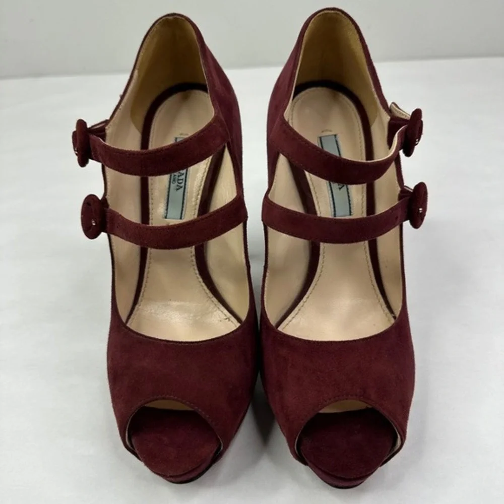 Prada Burgundy Suede Double Strap Mary Jane Peep Toe Platform‎ Heels Size 37.5